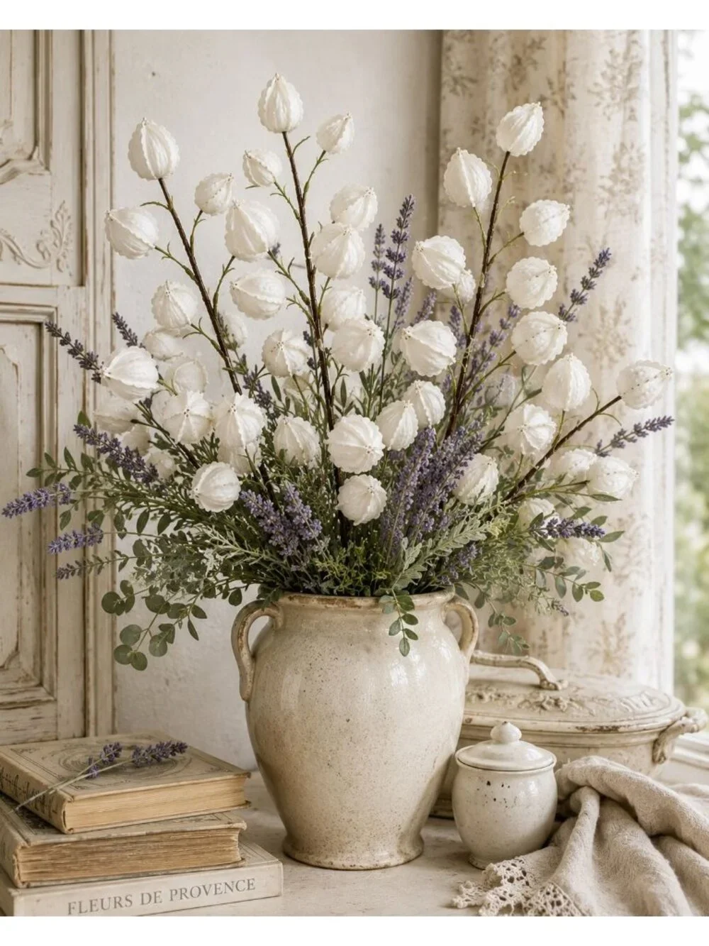 Chinese Lantern Stems White 32 Inch Tall Decorative Botanical Branches Set of 2
